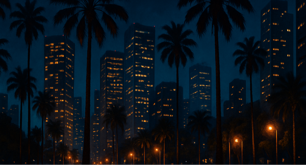 city at night with palm trees